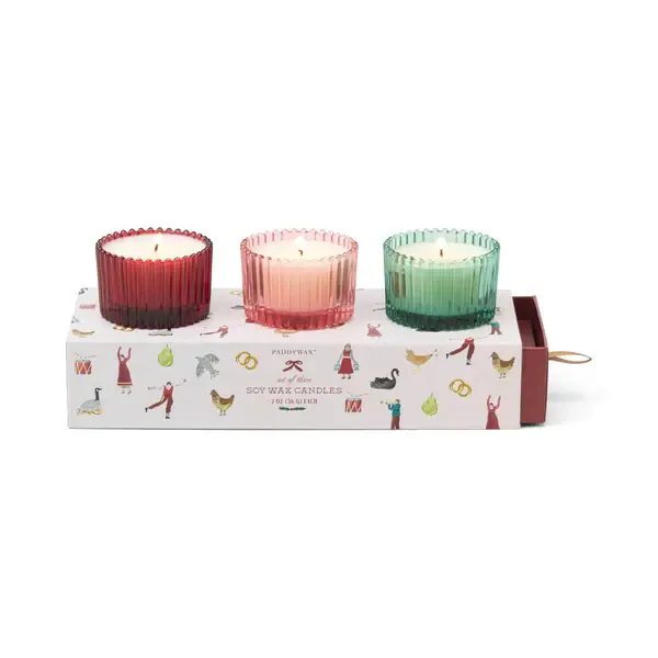 Paddywax - PA PA CASM - Holiday Ribbed Tinted Glass Assorted Gift Set of 3 Candles (Balsam & Fir, Pink Peppermint, Winterberry)