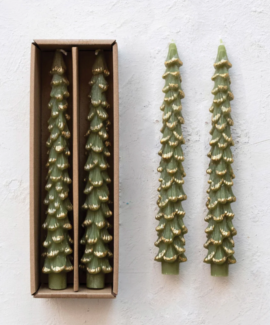 Creative Co-Op - CCO Gold Edge Tree Shaped Taper Candles Set, Evergreen Cedar
