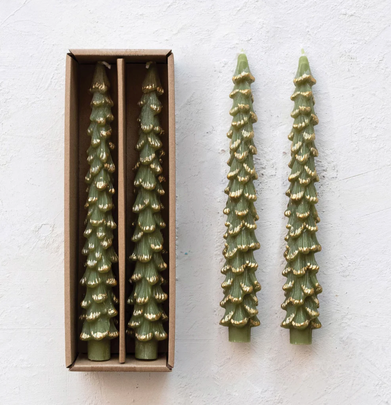 Creative Co-Op - CCO Gold Edge Tree Shaped Taper Candles Set, Evergreen Cedar