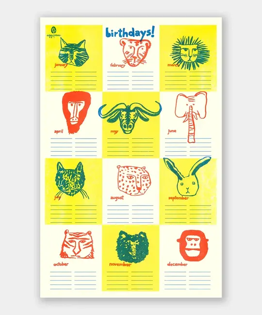 Egg Press - EP EP PR - Animal Faces Birthday Tracker Calendar Risograph Print