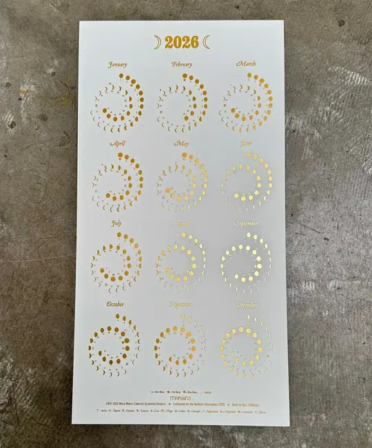 Margins Imprint - MAR MAR CAWA - 2026 Gold on Peal White Moon Phase Calendar (unframed)