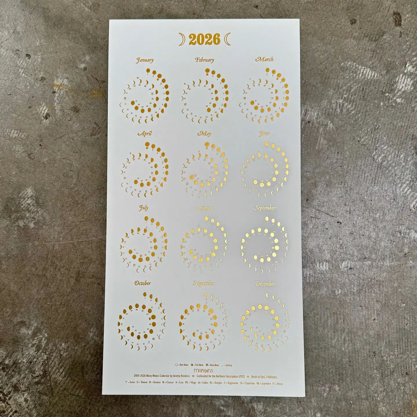 Margins Imprint - MAR MAR CAWA - 2026 Gold on Peal White Moon Phase Calendar (unframed)