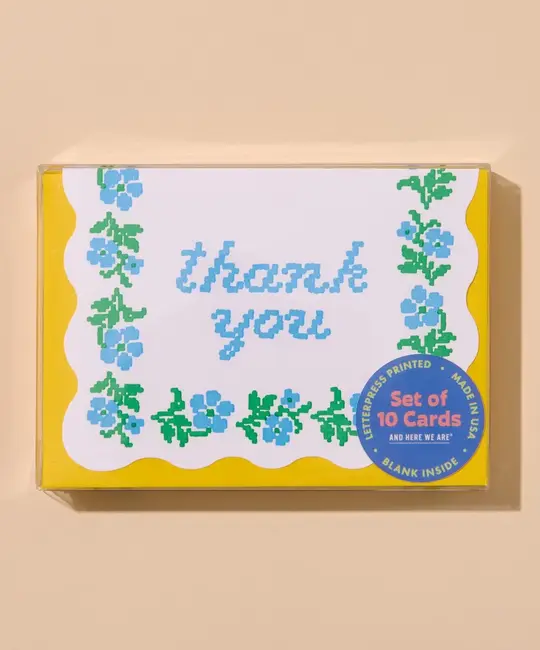 and Here We Are - AHW AHW NSTY - Floral Cross Stitch Scalloped Edge Boxed Thank You Note Set of 10