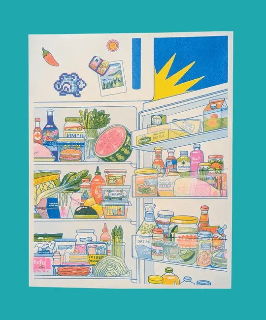 Christina Hu - CHH CHH PRLA - Midnight Snack Fridge Risograph Print, 11" x 14"