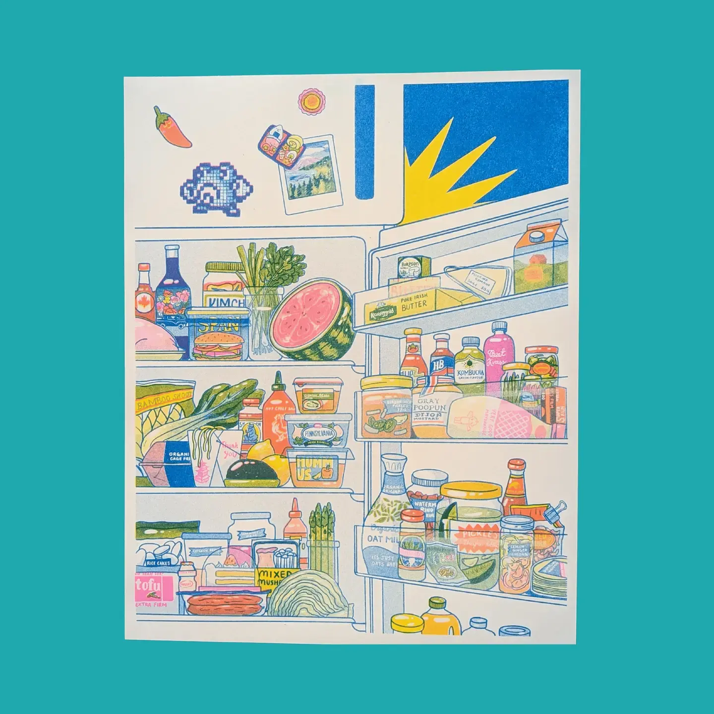 Christina Hu - CHH CHH PRLA - Midnight Snack Fridge Risograph Print, 11" x 14"