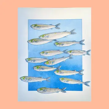 Christina Hu - CHH CHH PRSM - School of Fish Risograph Print, 8.5" x 11"