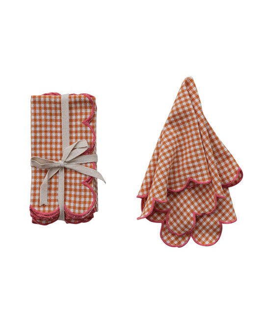 Creative Co-Op - CCO CCO HGKL - Orange with Pink Scalloped Edge Gingham Cotton Napkins, Set of 4