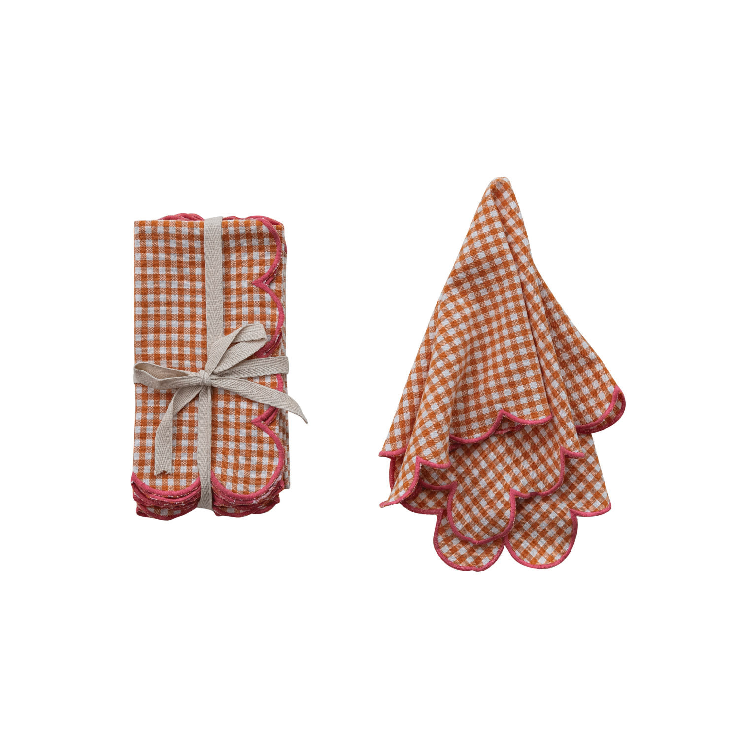 Creative Co-Op - CCO CCO HGKL - Orange with Pink Scalloped Edge Gingham Cotton Napkins, Set of 4