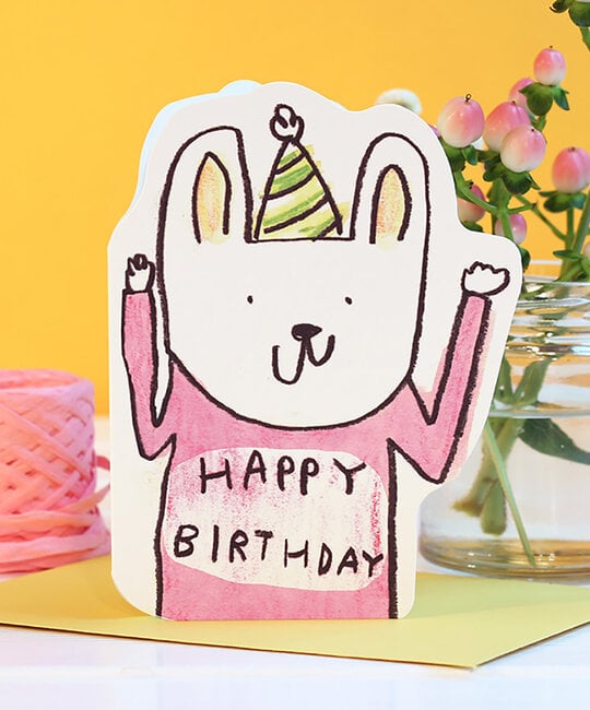LASGCBI0002 - Rabbit in Hat Die-Cut Birthday Card