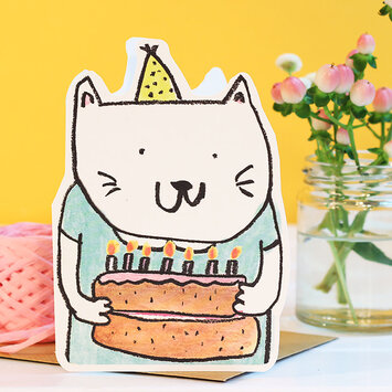LASGCBI0012 - Cat with Cake Die-Cut Birthday Card