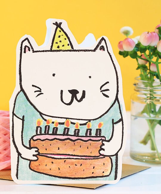 LASGCBI0012 - Cat with Cake Die-Cut Birthday Card