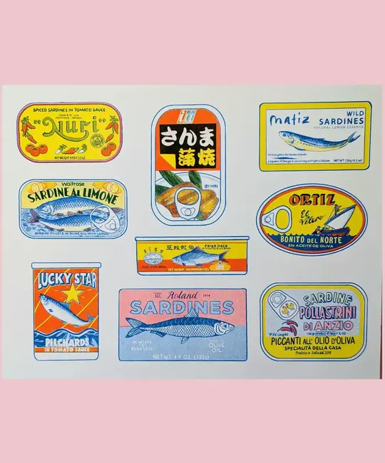 Christina Hu - CHH CHH PRSM - Tinned Fish Risograph Print, 8.5" x 11"