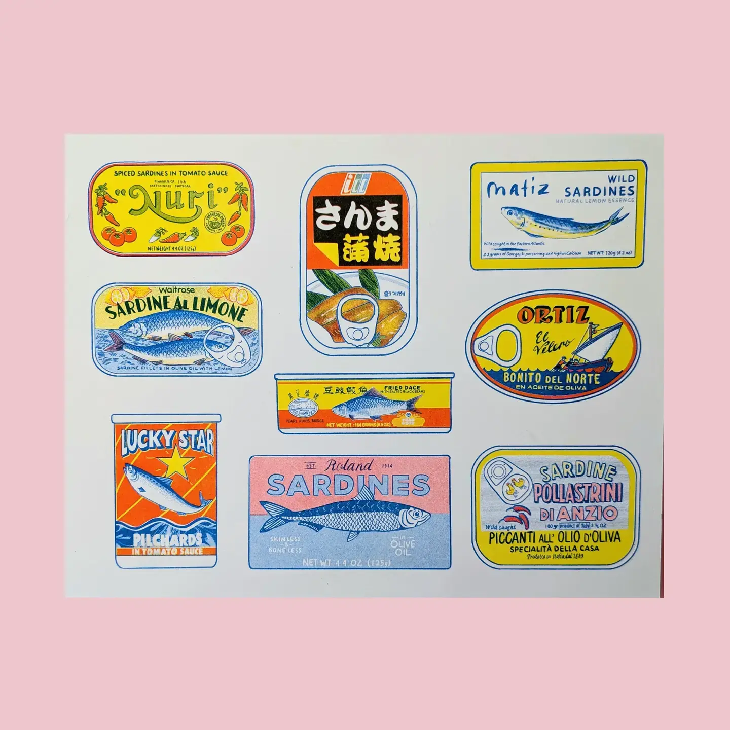 Christina Hu - CHH CHH PRSM - Tinned Fish Risograph Print, 8.5" x 11"