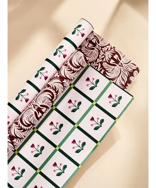 One & Only Paper - OAO OAO WPRO -  Mocha Latte Art and Tulip Windowpane Double Sided Wrap Roll (3 Sheets)