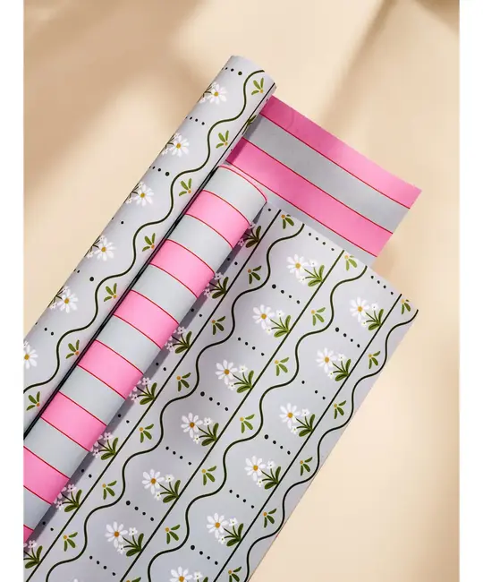 One & Only Paper - OAO OAO WPRO - Daisy and Pink Dusty Blue Stripe Double Sided Wrap Roll (3 Sheets)