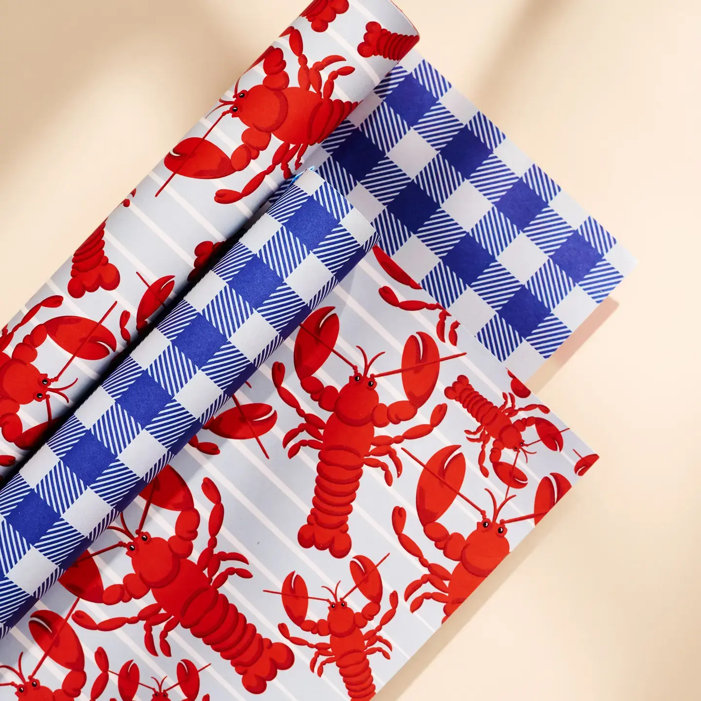 One & Only Paper - OAO OAO WPRO - Lobster and Blue Gingham Double Sided Wrap Roll (3 Sheets)