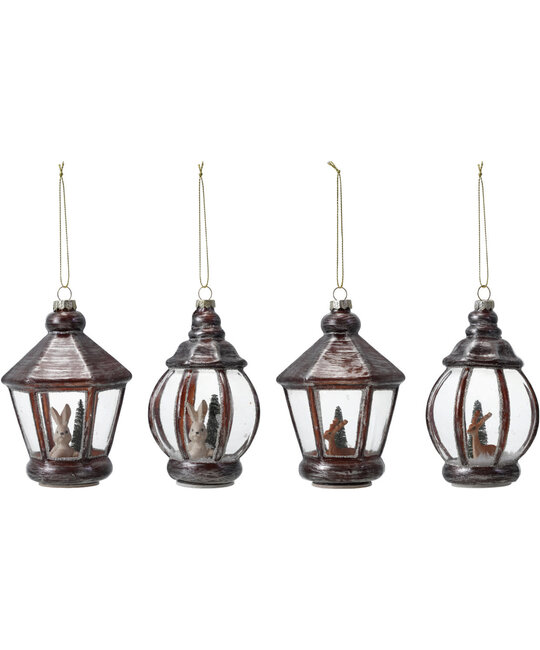 Creative Co-Op - CCO CCO OR - Lantern with Animal and Faux Snow Glitter Ornament (Assorted)