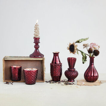 Creative Co-Op - CCO CCO HGDE -  Burgundy Embossed Glass Taper Candle Holder (4" tall)
