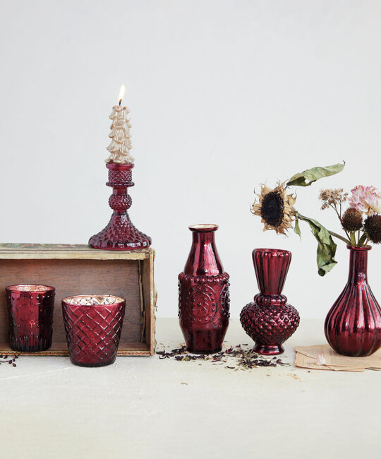 Creative Co-Op - CCO CCO HGDE -  Burgundy Embossed Glass Taper Candle Holder (4" tall)