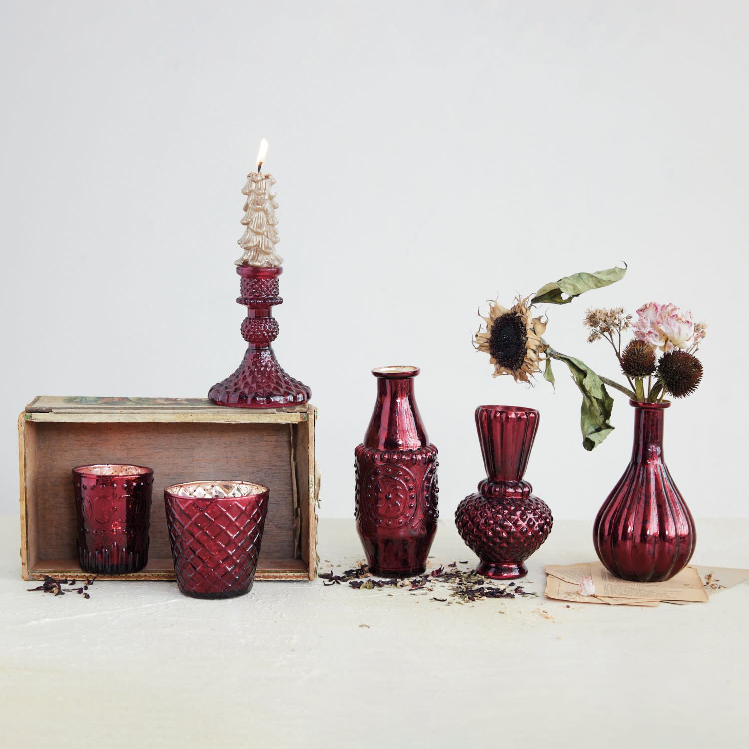 Creative Co-Op - CCO CCO HGDE -  Burgundy Embossed Glass Taper Candle Holder (4" tall)