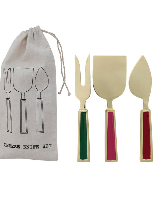 Creative Co-Op - CCO CCO HG -Jewel Tone Cheese Knives Set with Enameled Handles, Set of 3 in Drawstring Bag