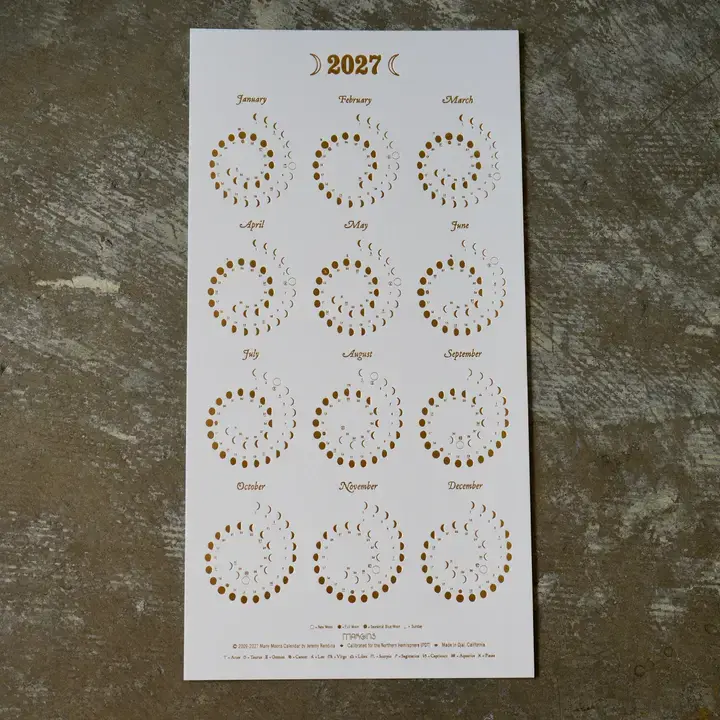 Margins Imprint - MAR MAR CAWA - 2027 Gold on White Moon Phase Calendar (Small, Unframed)