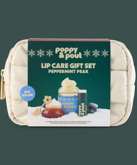 Poppy & Pout - PAP PAP APPR - Peppermint Peak Puffer Bag Gift Set, Retro Ski (Peppermint Peak lip balm, lip scrub, and lip mask, plus a spatula)