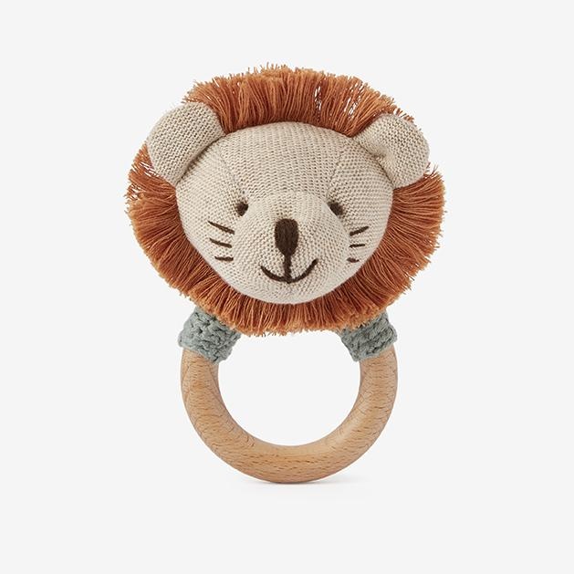 Elegant Baby Lion Knit Wooden Baby Ring Rattle