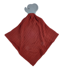 Tikiri Elephant Comforter in Red Muslin w/Natural Rubber Teether