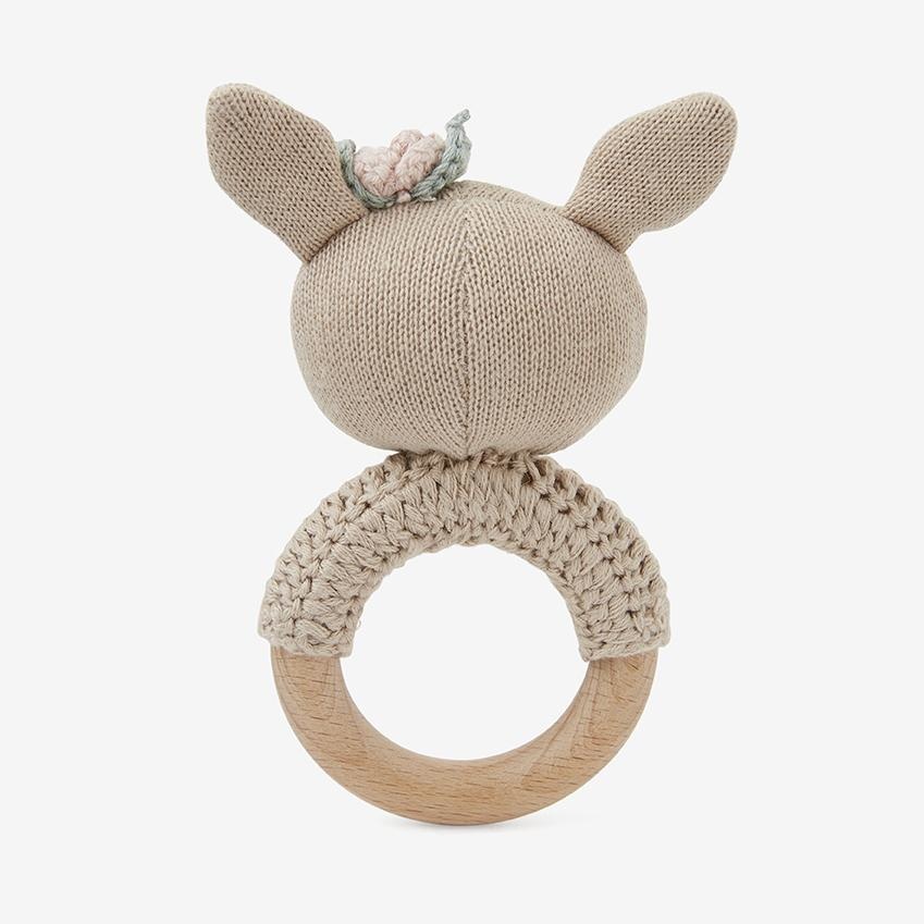Elegant Baby Fawn Knit Wooden Baby Ring Rattle