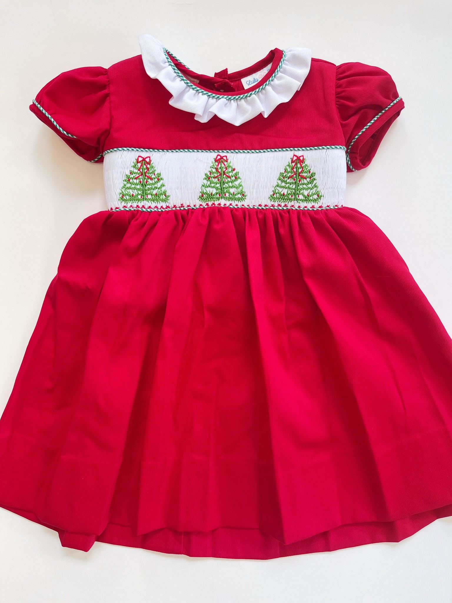 Lulu Bebe Christmas Tree Red Smock Dress