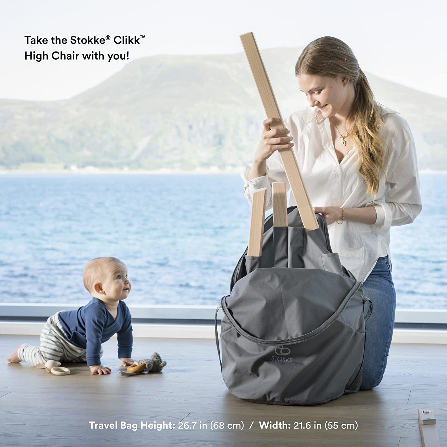 Stokke Stokke White Clikk High Chair with Grey Sprinkle Cushion and Travel Bag Bundle (in store exclusive)