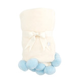 Elegant Baby Blue Pom Trim Fleece Stroller Blanket