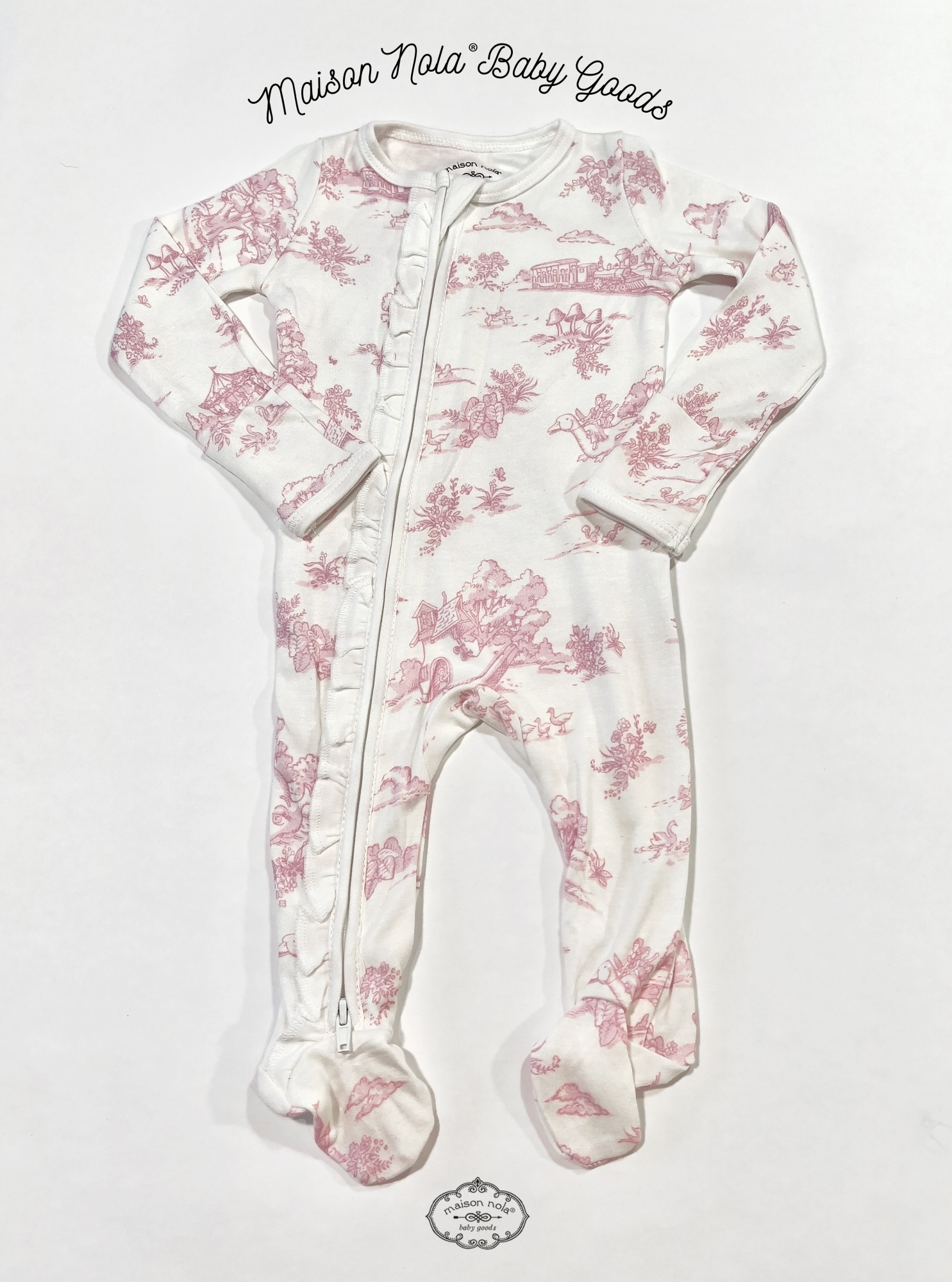 Maison Nola Storyland Toile Bamboo Zipper Convertible Ruffled Footie PJs | Pink