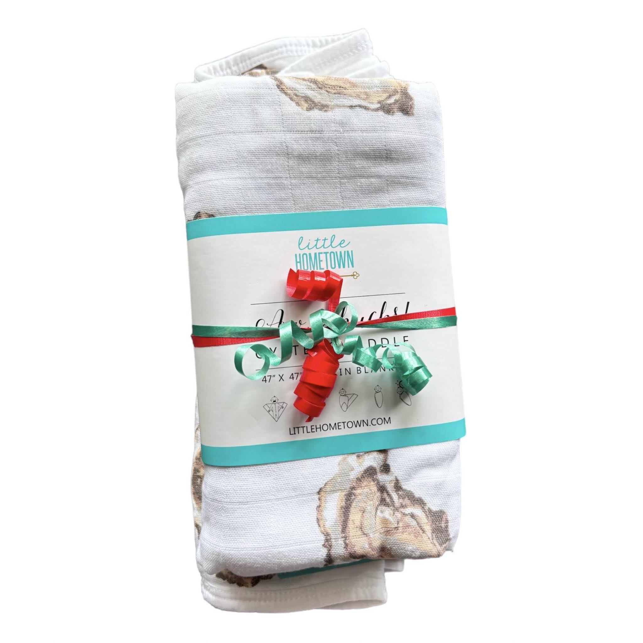 Little Hometown Aw Shucks Oyster Gift Bundle: Bamboo Muslin Swaddle Blanket and Bib