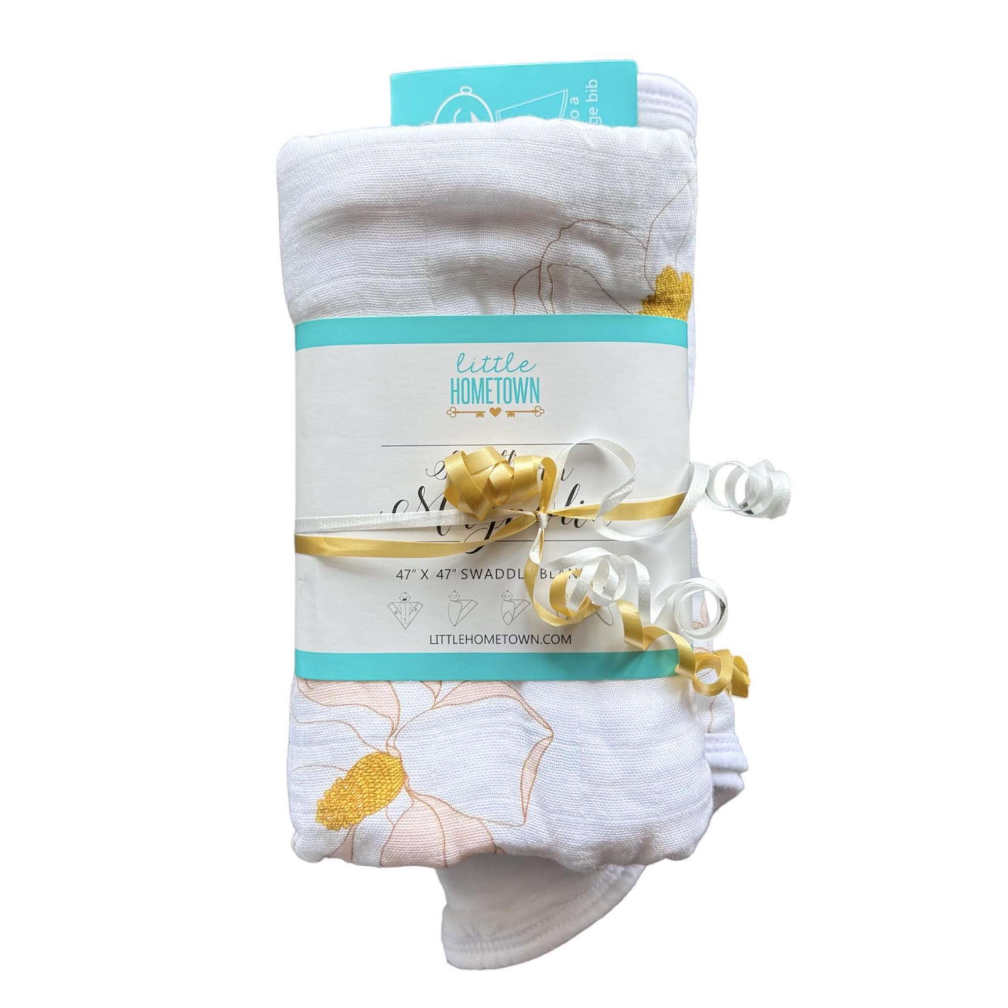 Little Hometown Southern Magnolia Gift Bundle: Bamboo Muslin Swaddle Blanket and Bib