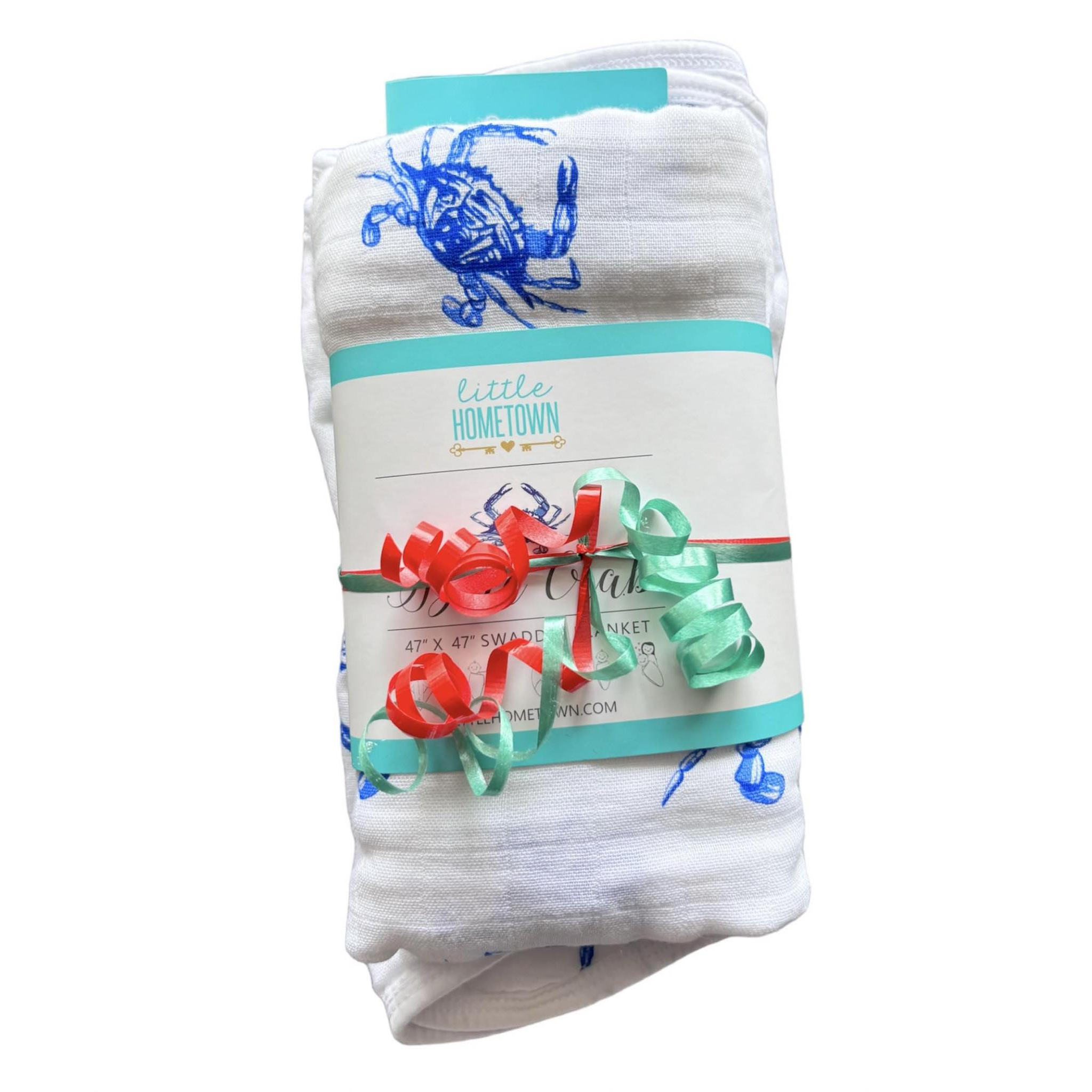 Little Hometown Blue Crab Gift Bundle: Bamboo Muslin Swaddle Blanket and Bib