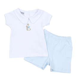 Magnolia Baby Vintage Bunny Pima Embroidered Collared Short Set | Light Blue