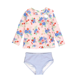 RuffleButts Coastal Breeze Floral Ruffled Long Sleeve Rash Guard 2-piece Swimsuit