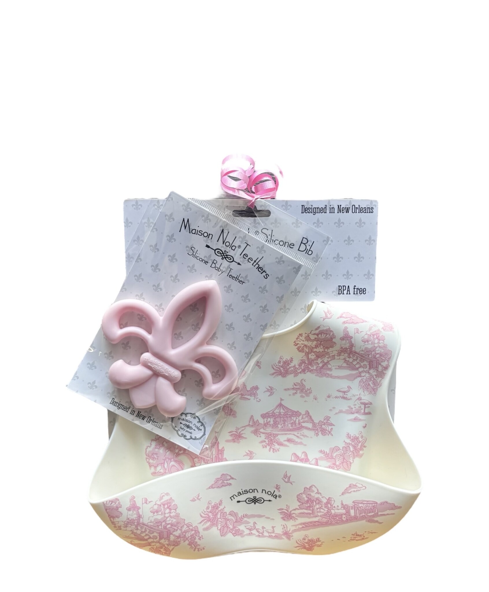 Maison Nola Pretty in Pink Storyland Toile Baby Gift Bundle | Silicone Bucket Bib and Teether