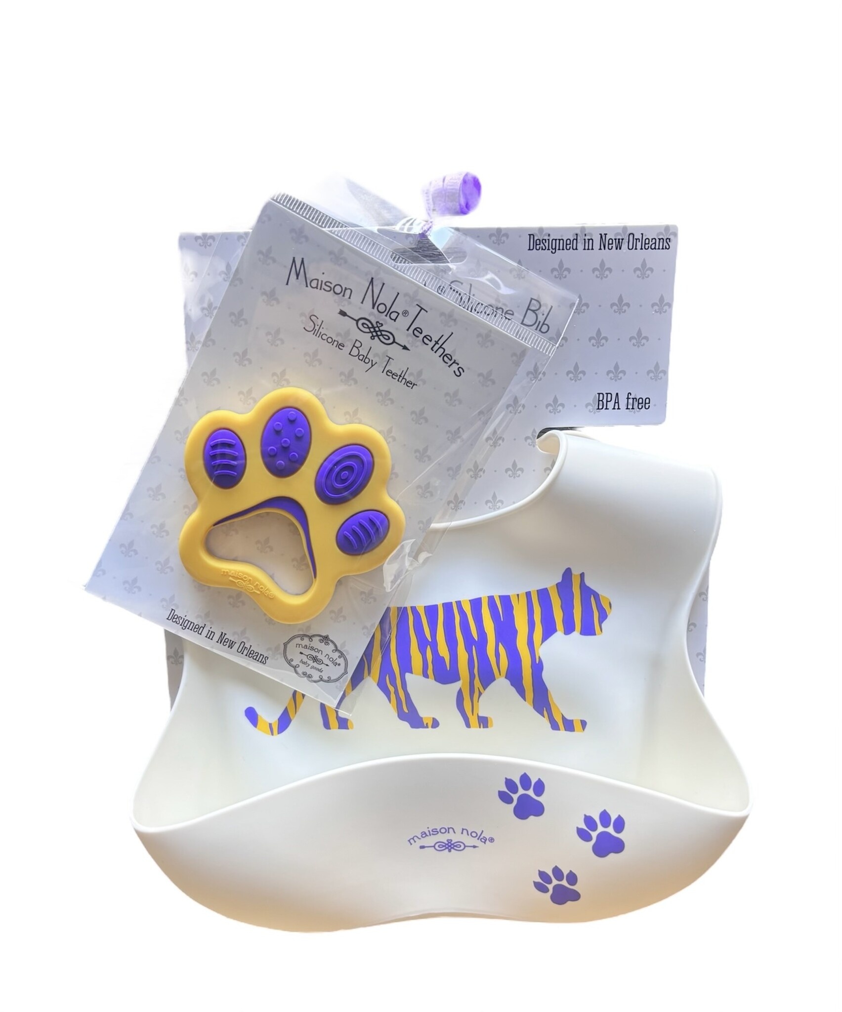 Maison Nola Tiger Baby Gift Bundle | Silicone Bucket Bib and Teether