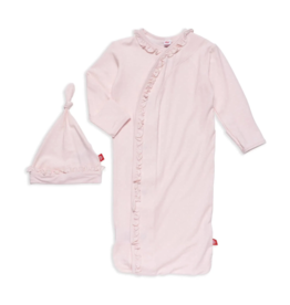 Magnetic Me Pin Dot Pink Magnetic Ruffled Placket Gown and Hat Set (nb-3mo)