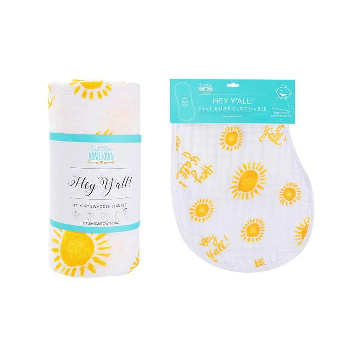 Little Hometown Hey Y'all Gift Bundle: Bamboo Muslin Swaddle Blanket and Bib