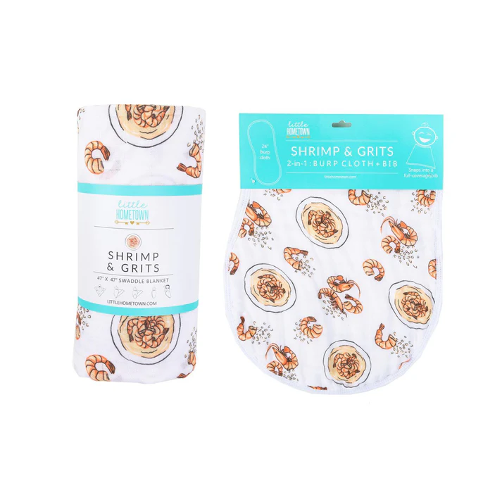 Little Hometown Shrimp and Grits Gift Bundle: Bamboo Muslin Swaddle Blanket and Bib