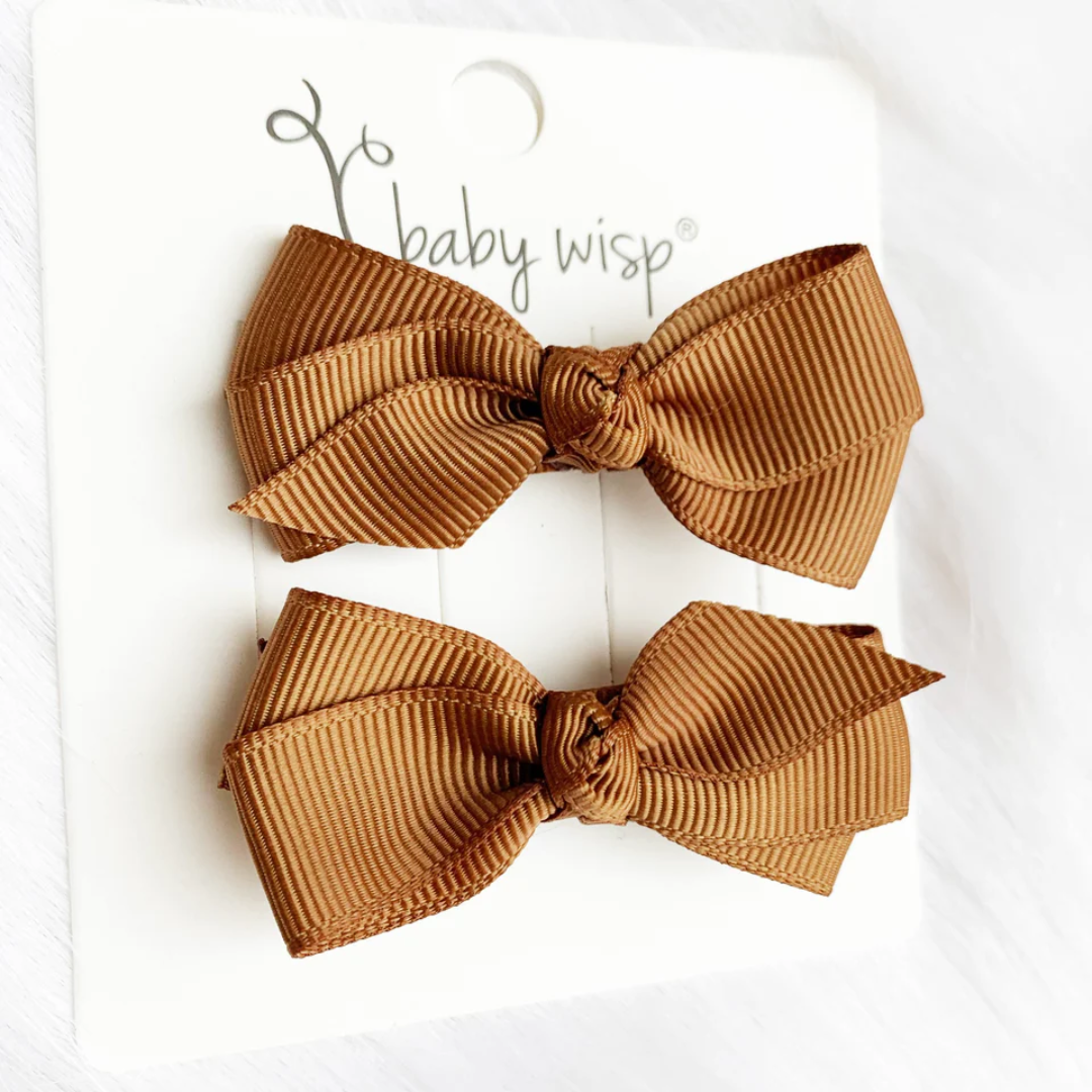 Baby Wisp Aiyanna Ribbon 2 Bow Set Knotted Center with Alligator Clips | Caramel