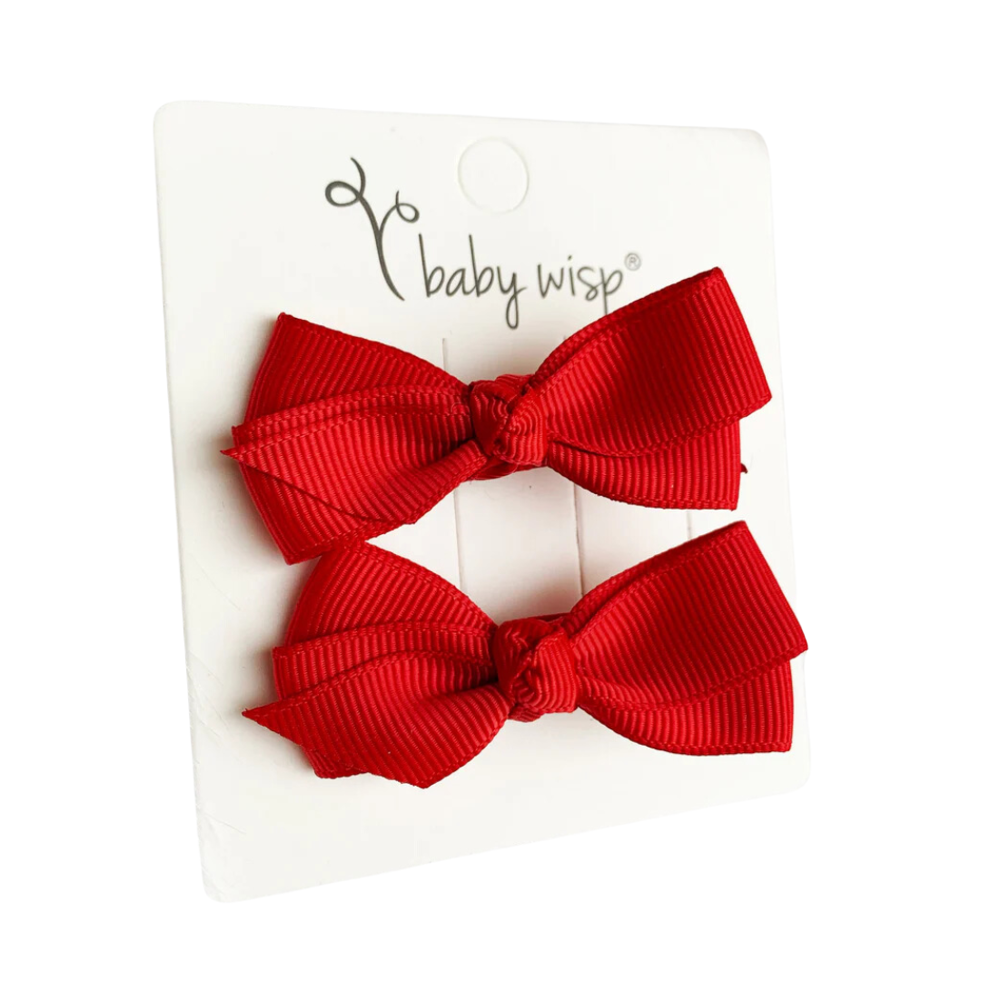 Baby Wisp Aiyanna Ribbon 2 Bow Set Knotted Center with Alligator Clips | Red