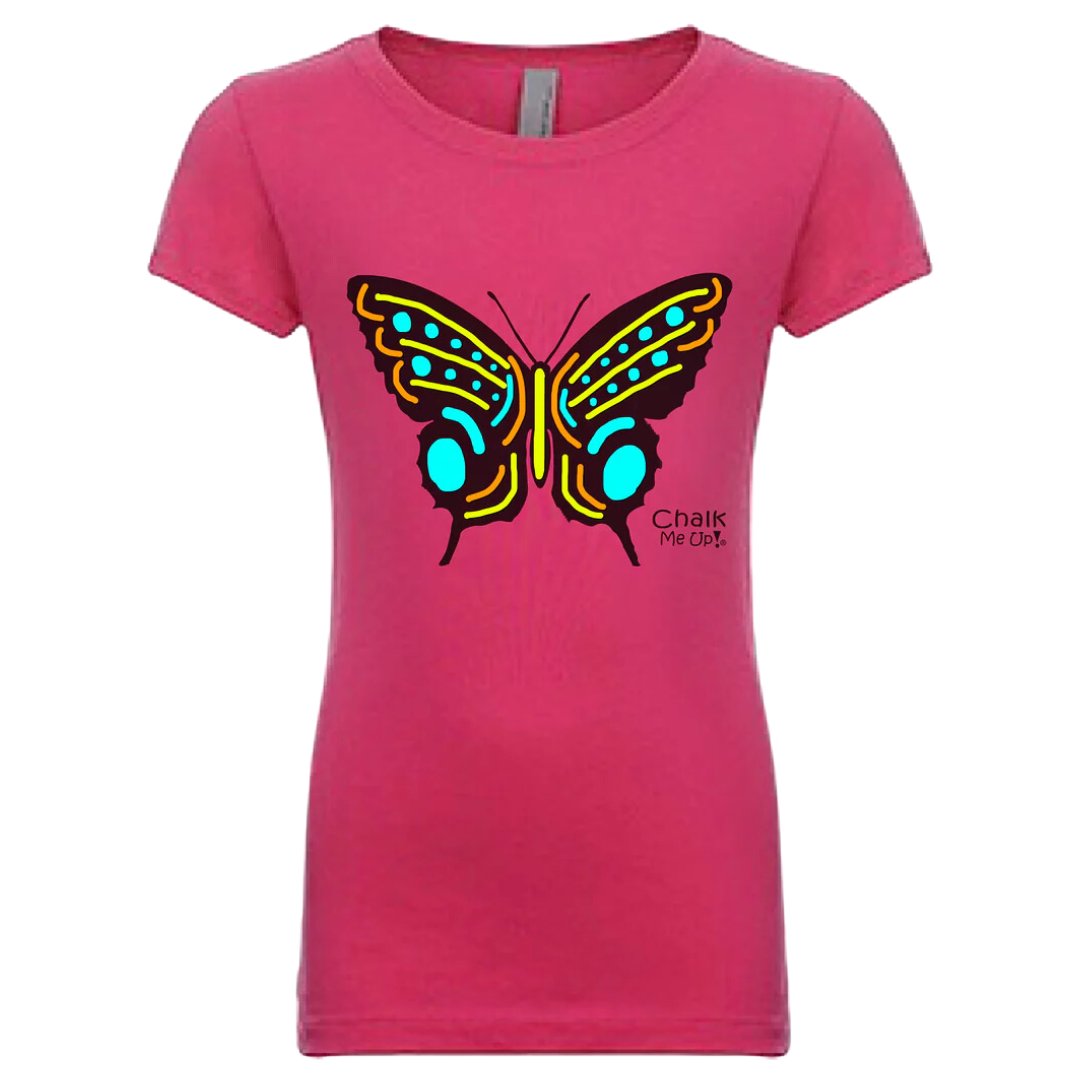 Chalk Me Up Youth Raspberry Butterfly Color Your Own Chalkboard T Shirt | with 6 Pack Chalk