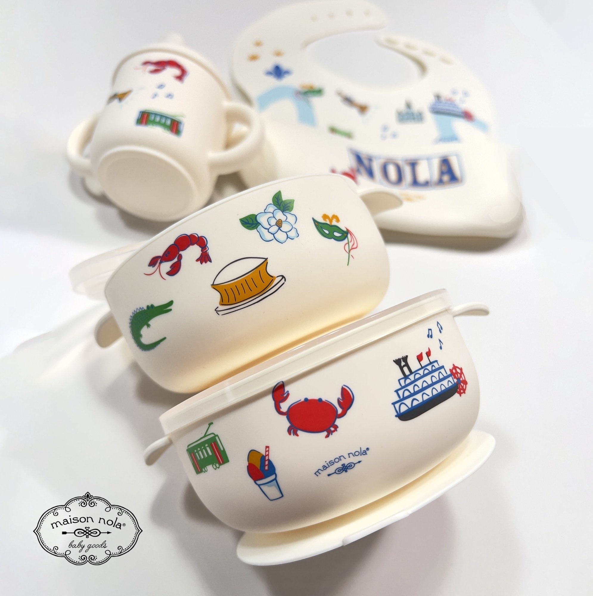 Maison Nola NOLA Foodie Deluxe Gift Bundle| Silicone Sippy Cup | Suction Bowl | Bucket Bib