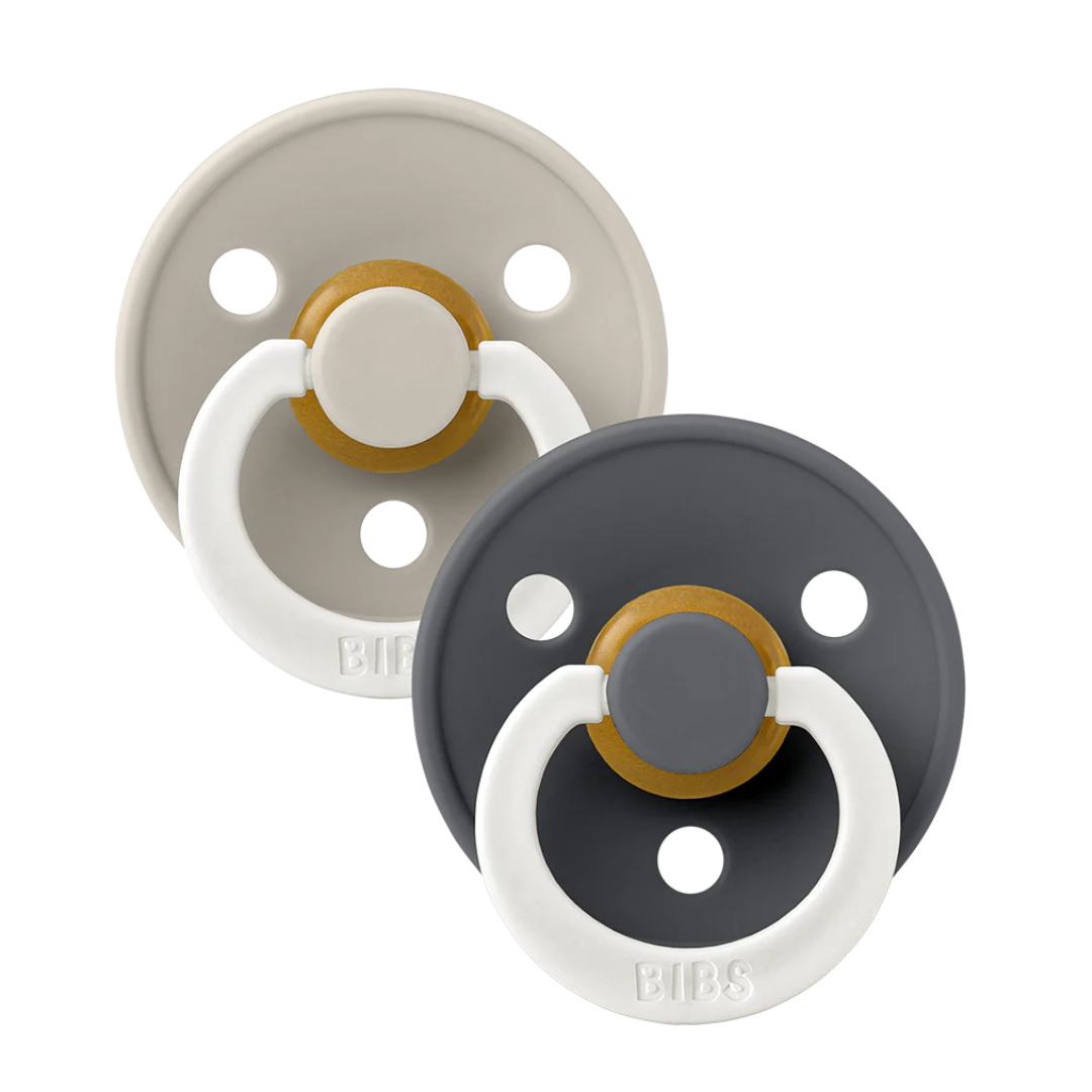 BIBS BIBS GLOW Original Natural Rubber Round Pacifier (2 Pack) | Sand | Iron