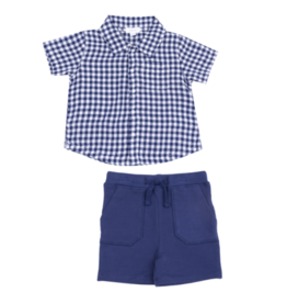 Angel Dear Navy Gingham Button Down Muslin Polo Set
